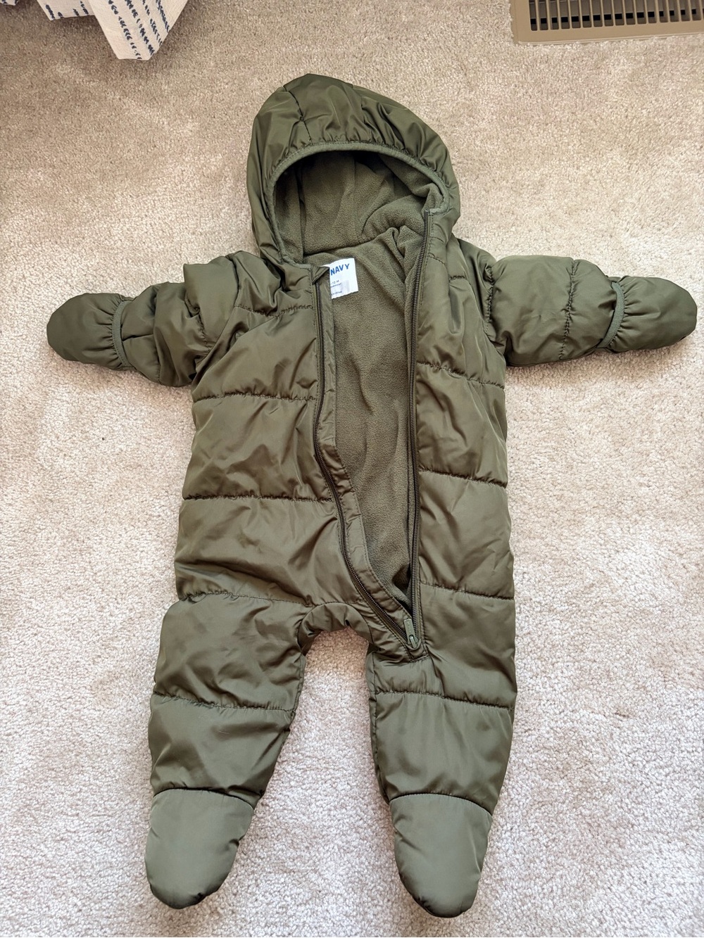 Olive Green Quilted Infant Snowsuit with Hood